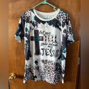 Graphic Tee with Cross and Leopard Print